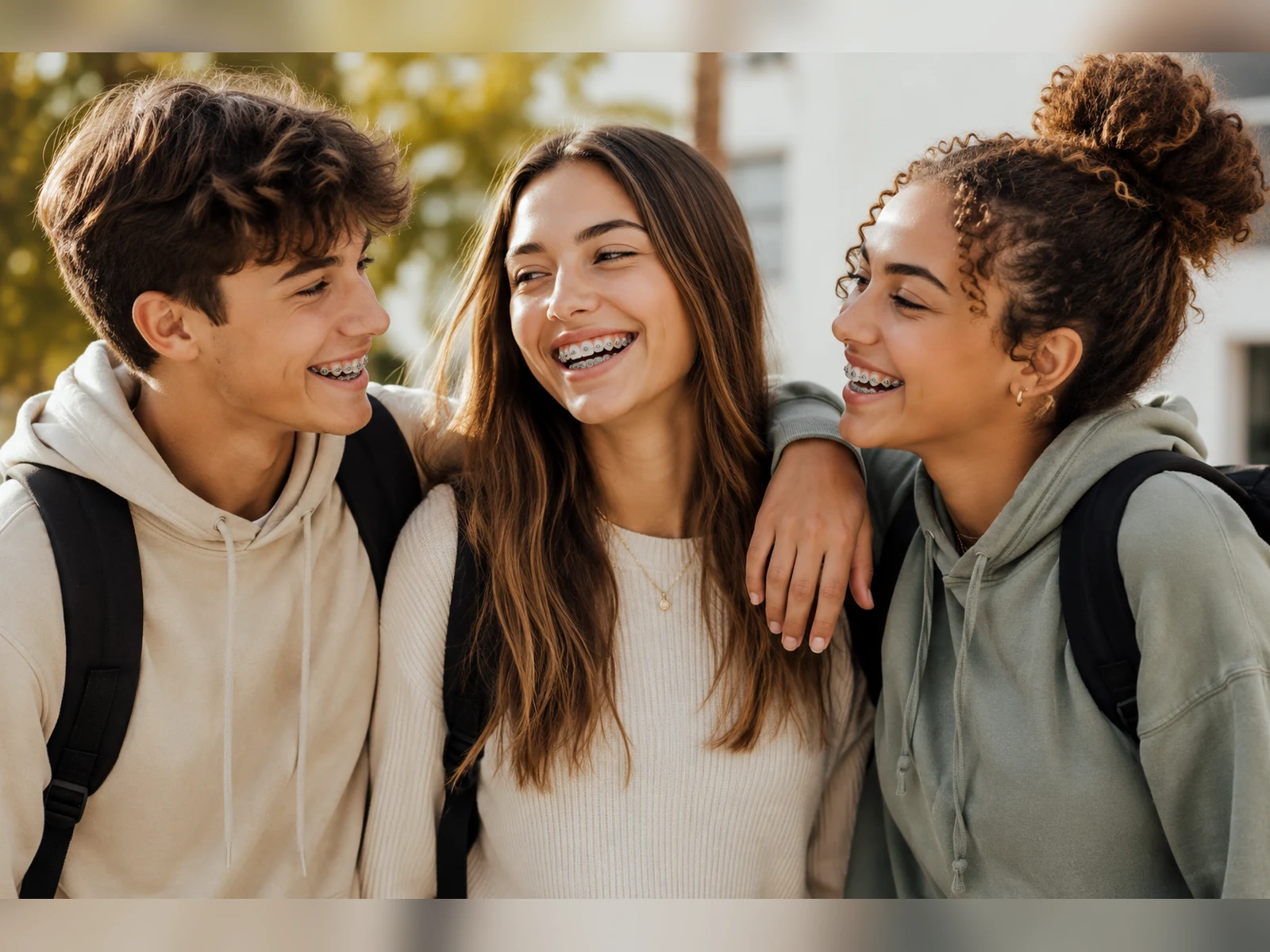 Teen orthodontic patients smiling together outdoors
